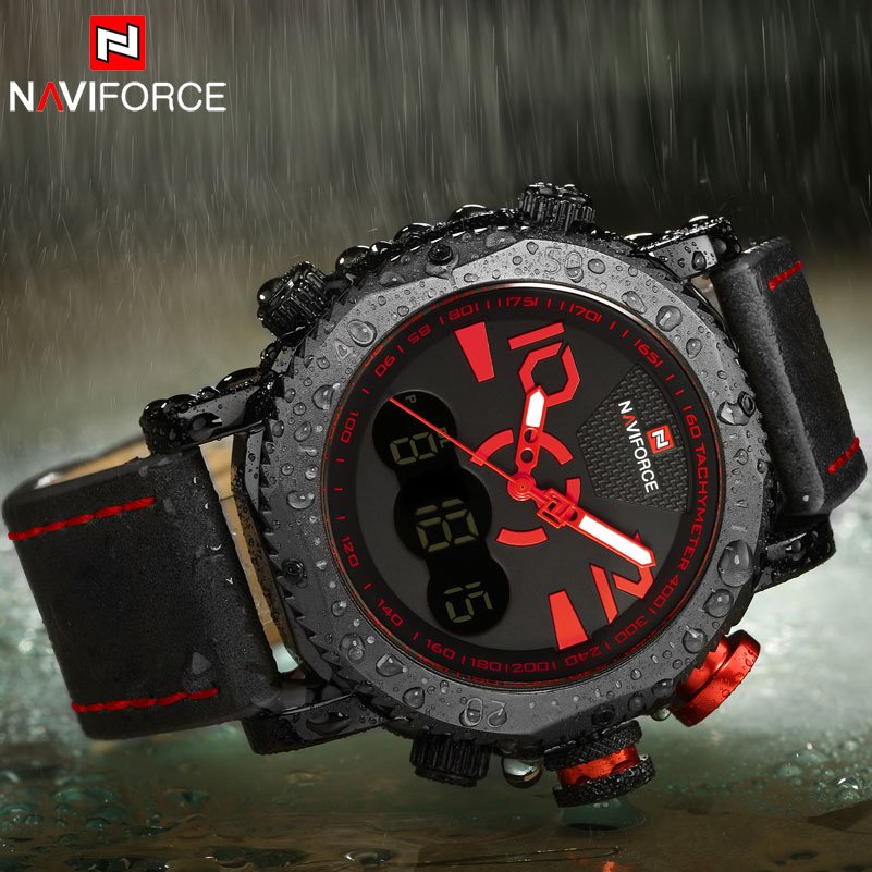 NAVIFORCE 9094 Men Sport Watch Dual Display Digital Watch Leather Quartz Watch