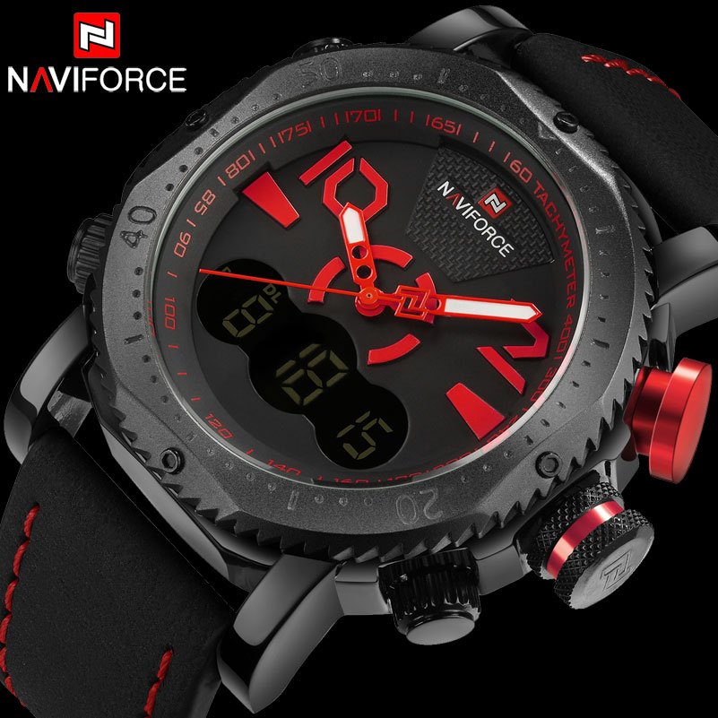 NAVIFORCE 9094 Men Sport Watch Dual Display Digital Watch Leather Quartz Watch