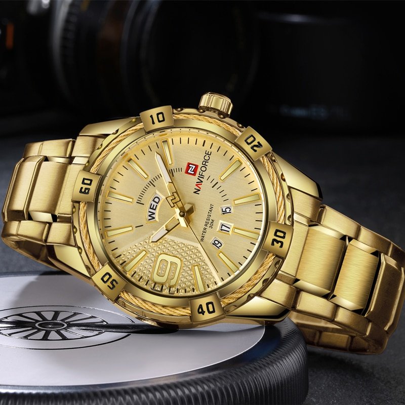 NAVIFORCE 9117 Luxury Brand Mens Sport Watch Gold Full Steel Quartz Watches