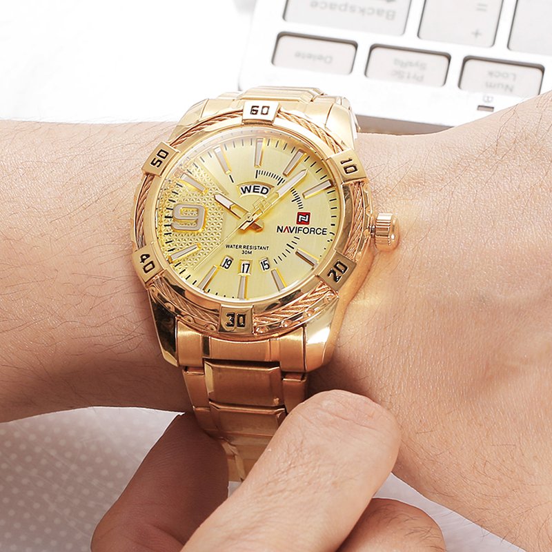 NAVIFORCE 9117 Luxury Brand Mens Sport Watch Gold Full Steel Quartz Watches