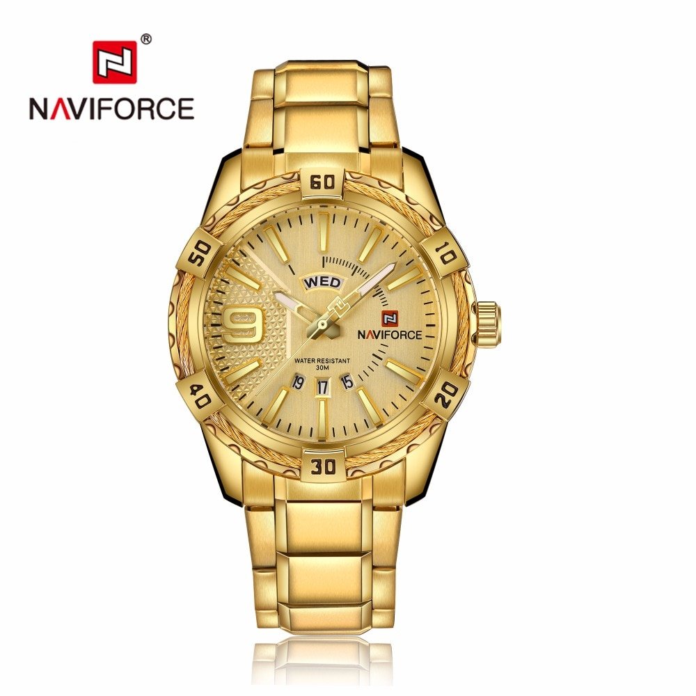 NAVIFORCE 9117 Luxury Brand Mens Sport Watch Gold Full Steel Quartz Watches