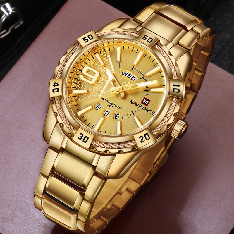 NAVIFORCE 9117 Luxury Brand Mens Sport Watch Gold Full Steel Quartz Watches