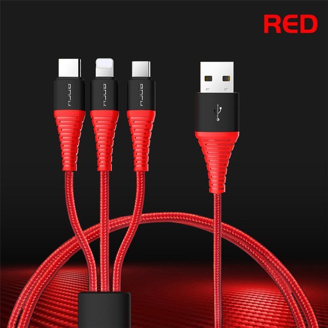 Rock Hi-Tensile 3 In 1 USB Charging Cable W/Version A 1.2M - Red / 120cm