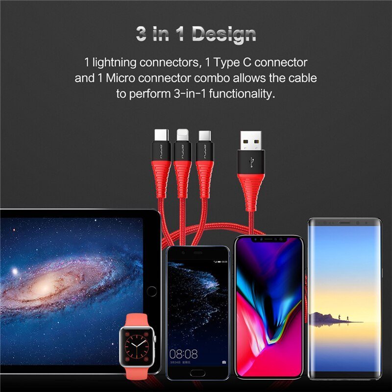Rock Hi-Tensile 3 In 1 USB Charging Cable W/Version A 1.2M