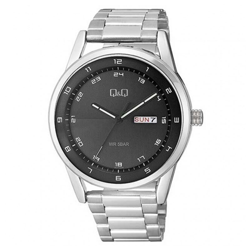 Q&Q A210J205Y Analog Day Date Wrist Watch for Men-Silver