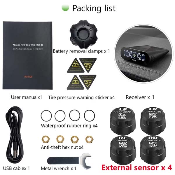 70mai Tire Pressure Monitor System Lite Smart Car TPMS Solar External Sensors 5