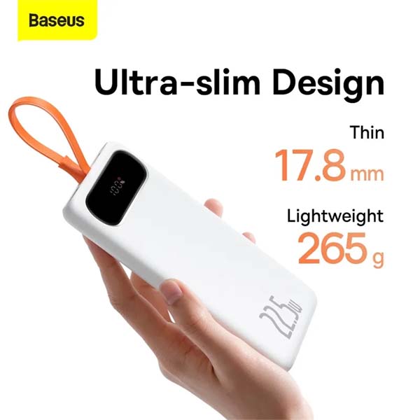 Baseus 10000mAh 22.5W Power Bank Block Digital Quick Charge With Built in Type-C Cable White (PPLK000002)