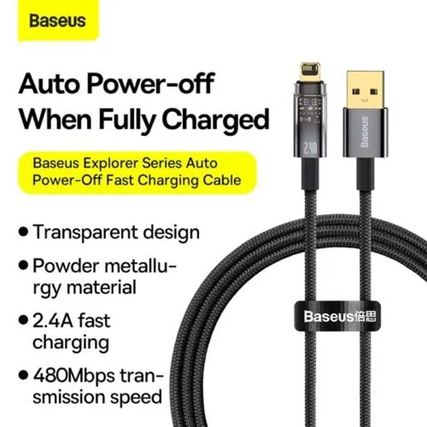 Baseus Cable Usb To Iphone Lightning Explorer Series Auto Power-Off Fast Charging Data Cable USB to IP 2.4A 2M 1
