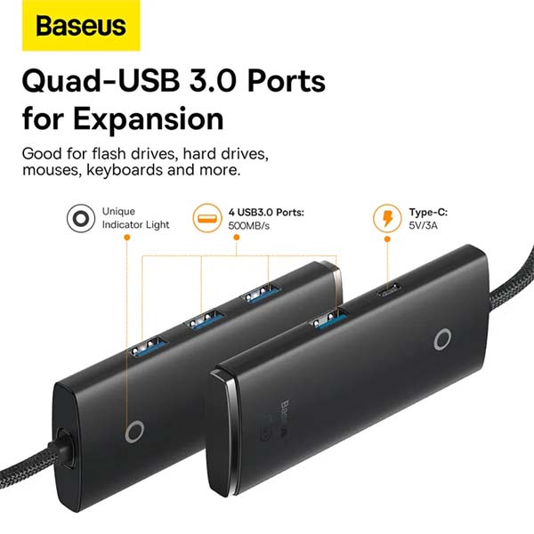 Baseus Hub Lite Series 4-Port Type-C HUB Adapter 4X USB 3.0 Black WKQX030101 2