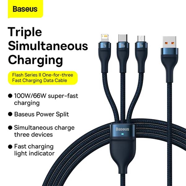 Baseus Cable Flash Series One-for-three Fast Charging Data Three in One Cable USB to M+L+C 100W 1