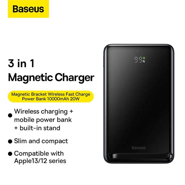 Baseus Power Bank Magnetic Bracket Wireless Fast Charge 10000mAh 20W Blue With Type-C Cable 1