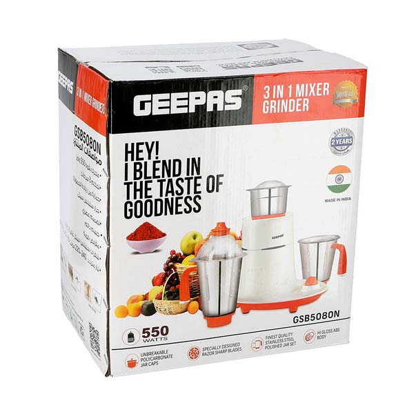 Geepas GSB5080 550W 3-in-1 Mixer Grinder - Stainless Steel Jars &amp; Blades