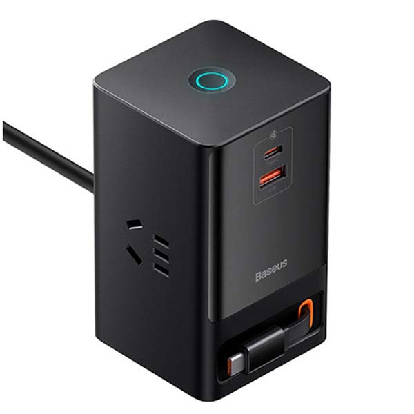 BASEUS PowerCombo Digital Power Strip 3AC+1U+1C+Retractable-C 65W Wall Chharger with 1.5m Power Cord CN Plug - Black