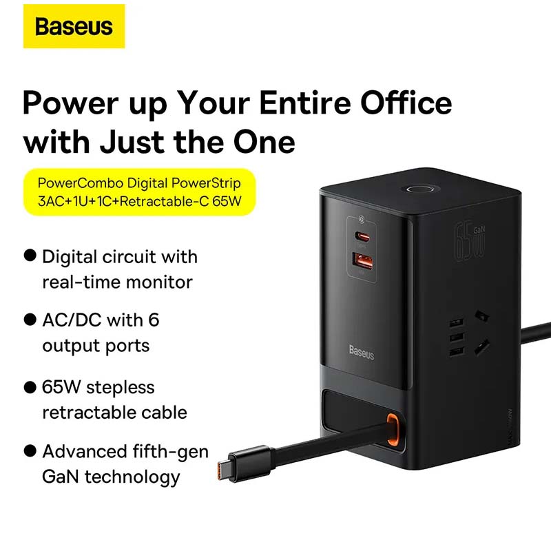BASEUS PowerCombo Digital Power Strip 3AC+1U+1C+Retractable-C 65W Wall Chharger with 1.5m Power Cord CN Plug - Black