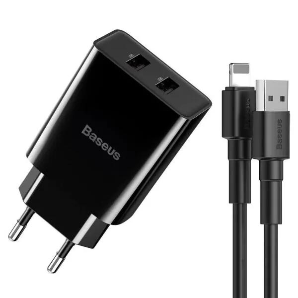Baseus Charger 10.5w Speed Super mini Dual USb EU Plug With USB to Lightning Cable Set