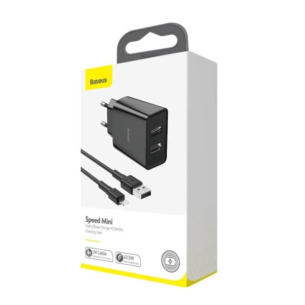 Baseus Charger 10.5w Speed Super mini Dual USb EU Plug With USB to Lightning Cable Set