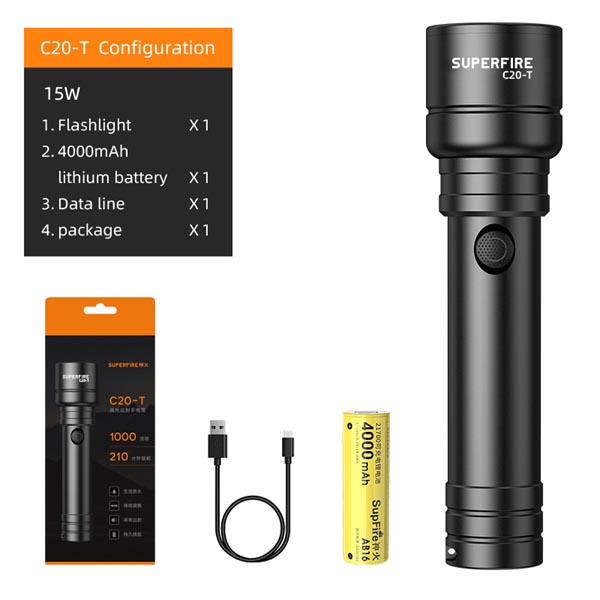 SuperFire C20-T Focus Zoomable Rechargeable Flashlight 1000 Lumen