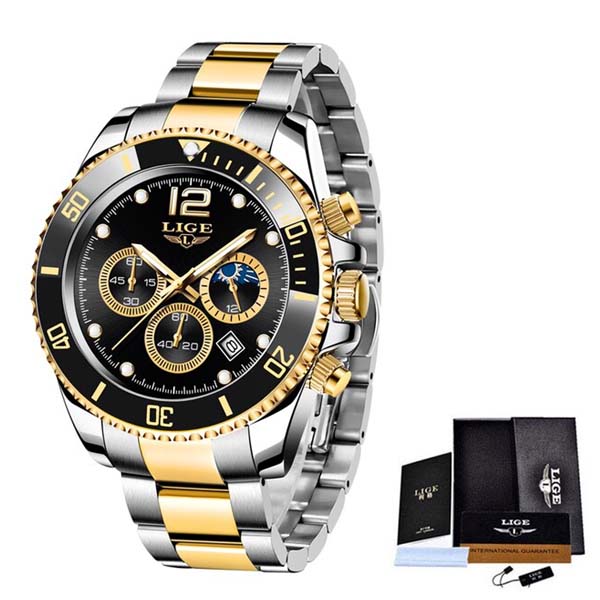 LIGE Watches Mens Top Brand Luxury Clock Casual Stainless Steel 24Hour Moon Phase Men Watch Sport Waterproof Quartz Chronograph