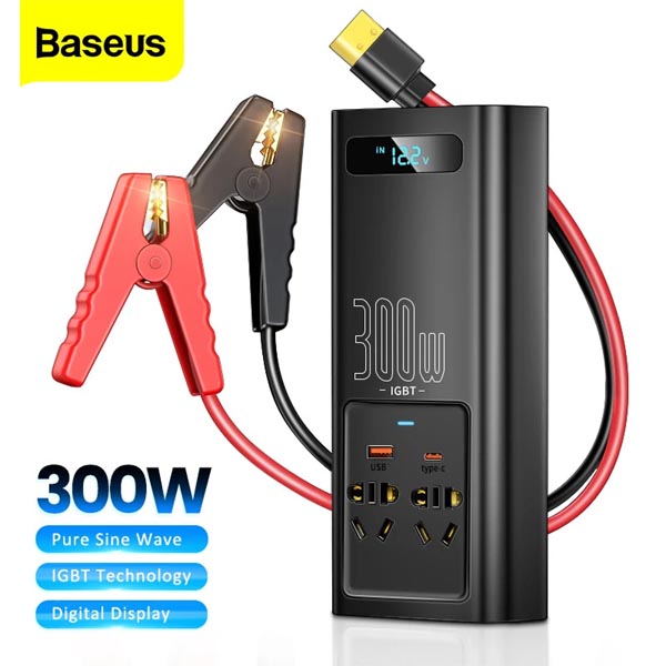 Baseus Car Power Inverter 300W DC 12V/24V To AC 220V USB Type C Charger Adapter