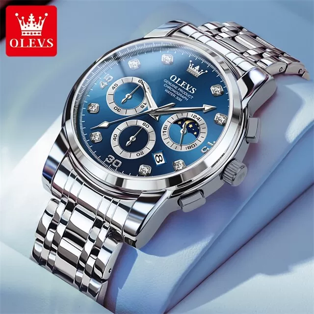 OLEVS 2889 Quartz Stainless Steel Strap Watch For Men - Silver Blue