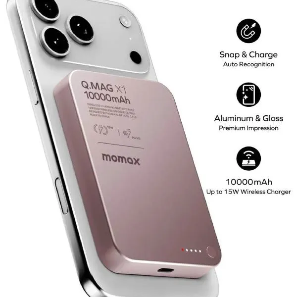 Momax Q.Mag X1 Gen 2 10000mAh 15W Magnetic Wireless Power Bank - Pink
