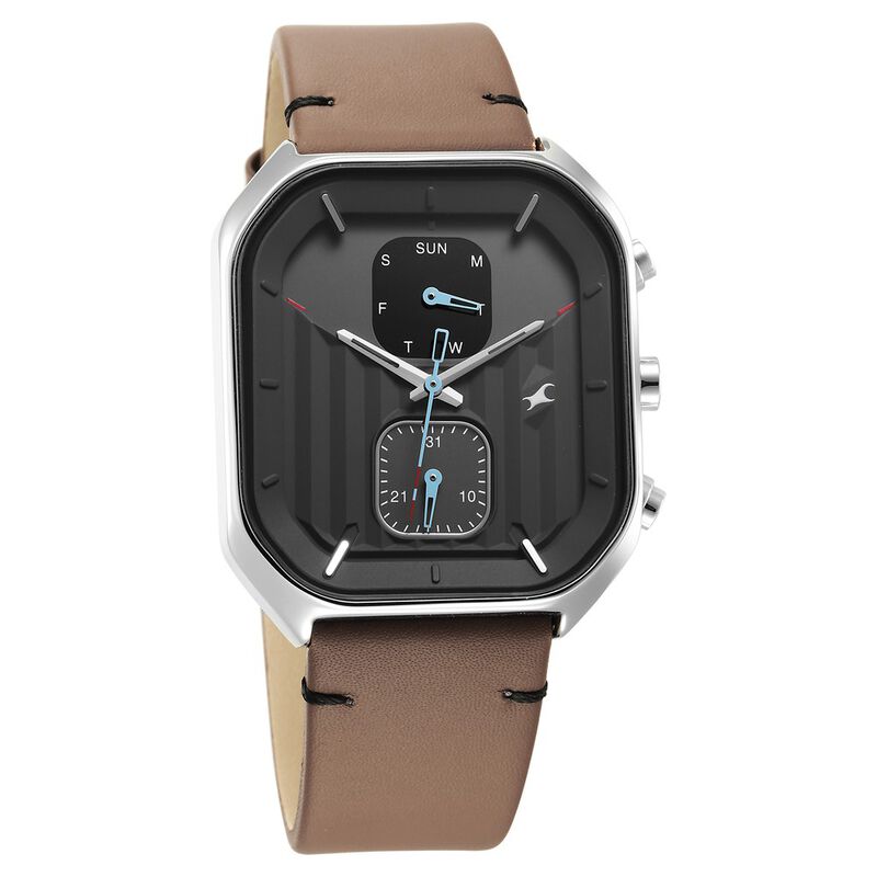 Fastrack 3270SL04 Fleek Quartz Multifunction Grey Dial Leather Strap Watch For Guys