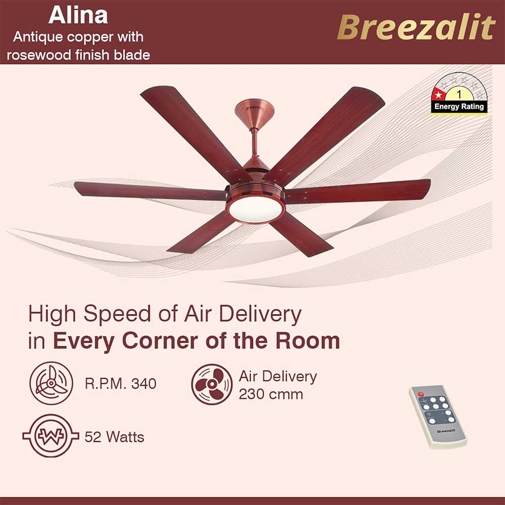 Breezalit Alina 6 Blades 48 Inch (Antique copper with rosewood finish blade) Energy Efficient Ceiling Fan