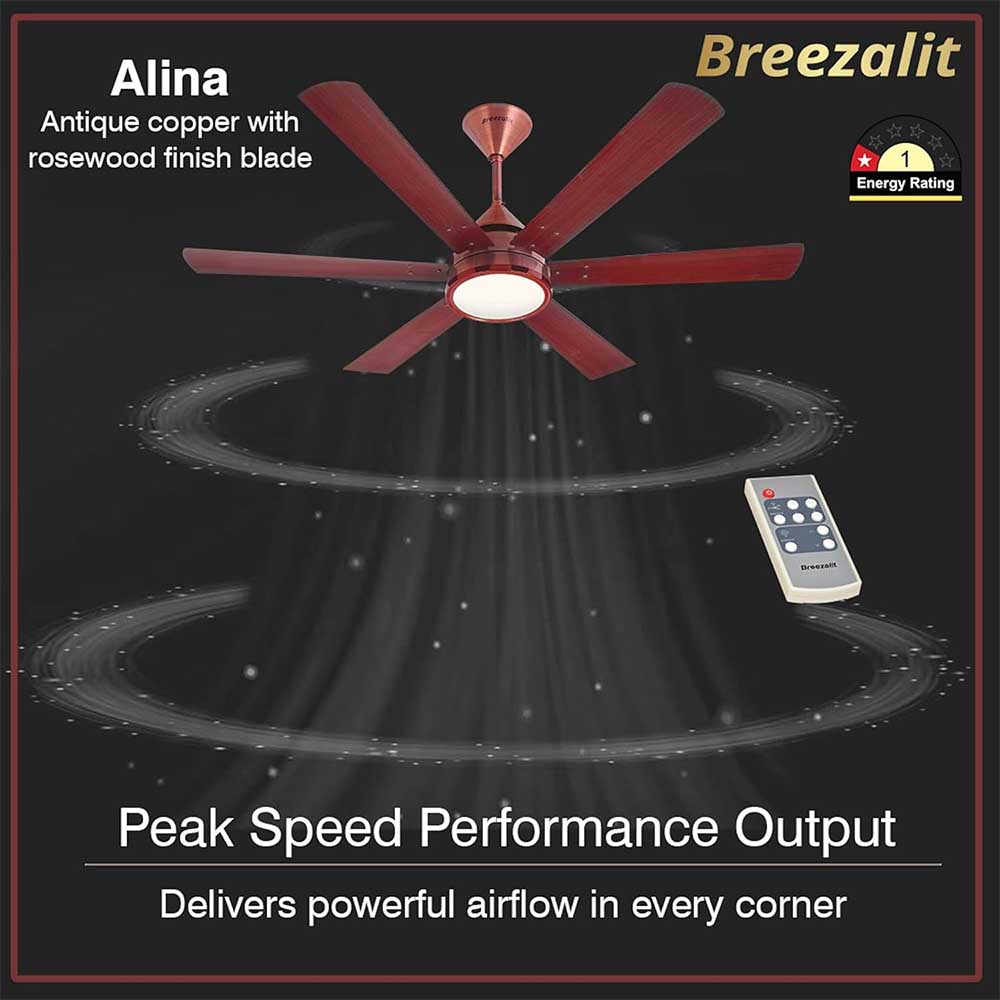 Breezalit Alina 6 Blades 48 Inch (Antique copper with rosewood finish blade) Energy Efficient Ceiling Fan