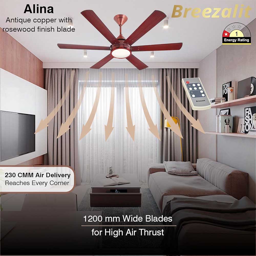 Breezalit Alina 6 Blades 48 Inch (Antique copper with rosewood finish blade) Energy Efficient Ceiling Fan