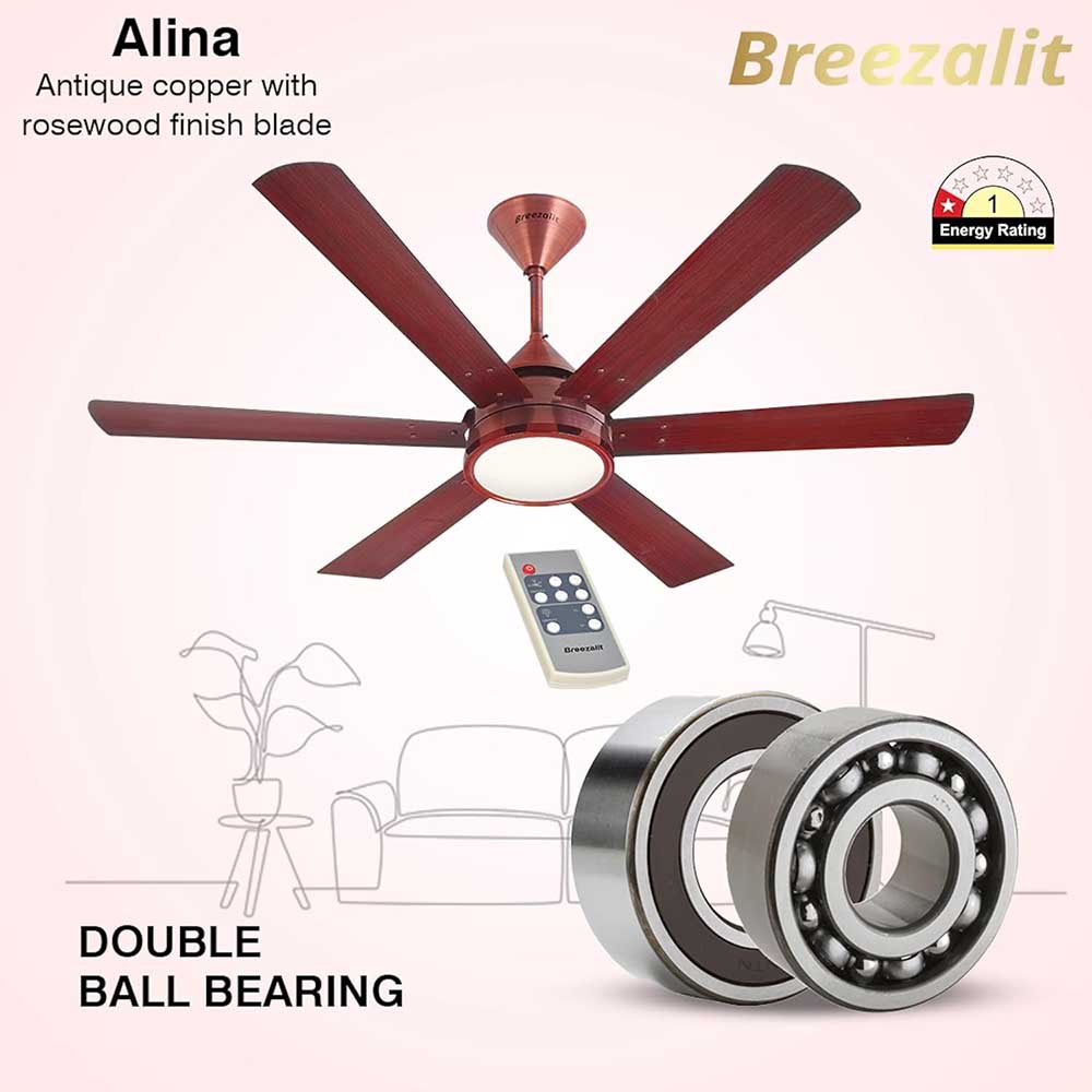 Breezalit Alina 6 Blades 48 Inch (Antique copper with rosewood finish blade) Energy Efficient Ceiling Fan