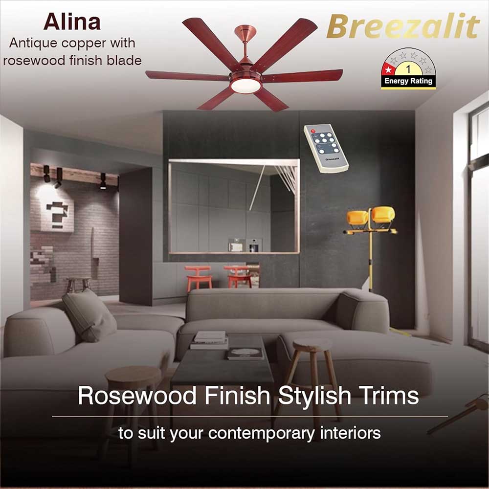 Breezalit Alina 6 Blades 48 Inch (Antique copper with rosewood finish blade) Energy Efficient Ceiling Fan
