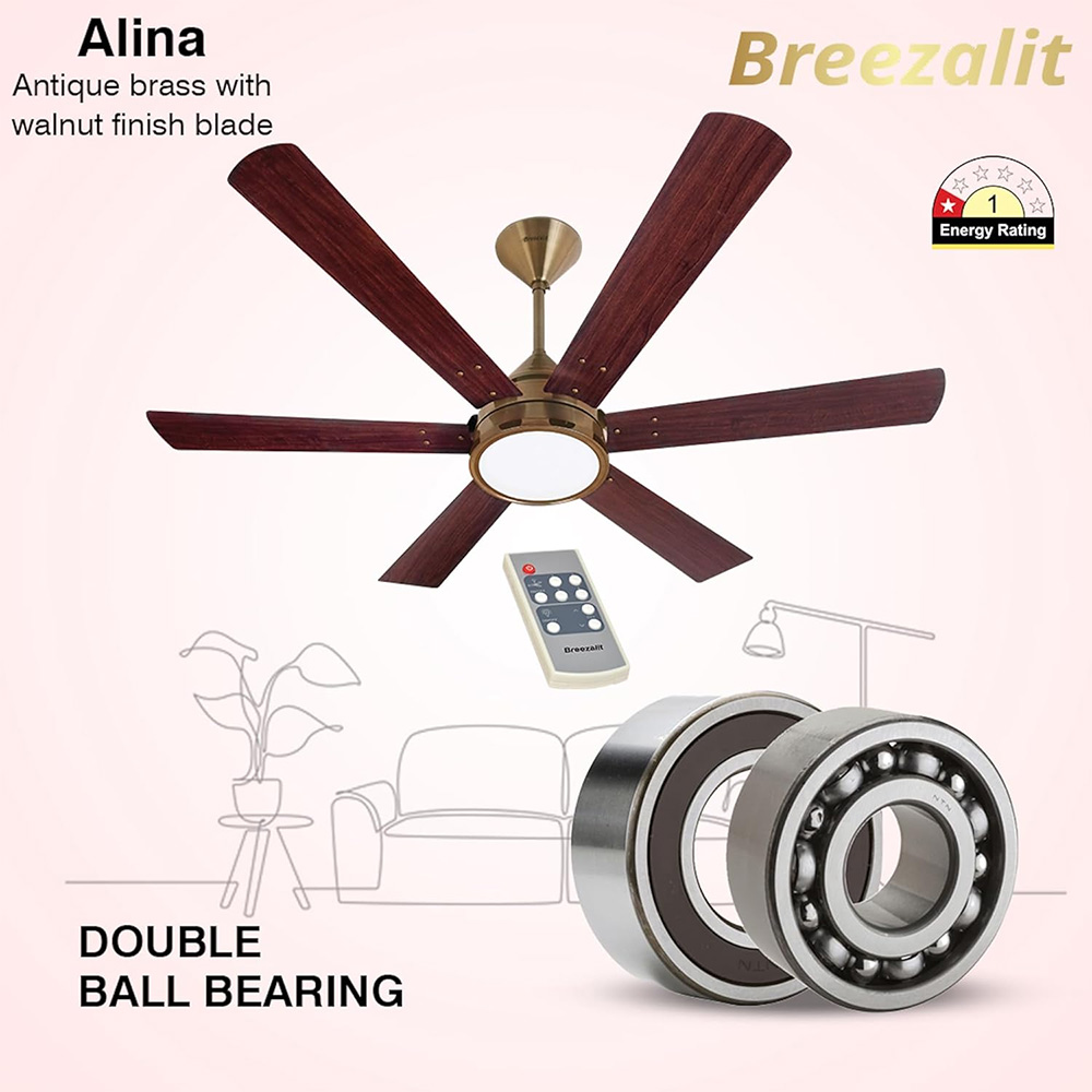 Breezalit Alina 6 Blades 48 Inch (Antique Brass with Walnut Finish) Energy Efficient Ceiling Fan