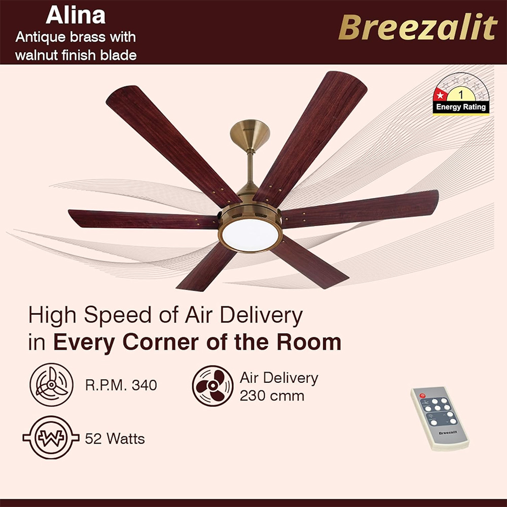 Breezalit Alina 6 Blades 48 Inch (Antique Brass with Walnut Finish) Energy Efficient Ceiling Fan