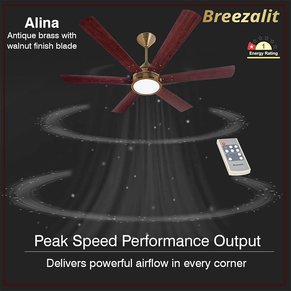 Breezalit Alina 6 Blades 48 Inch (Antique Brass with Walnut Finish) Energy Efficient Ceiling Fan
