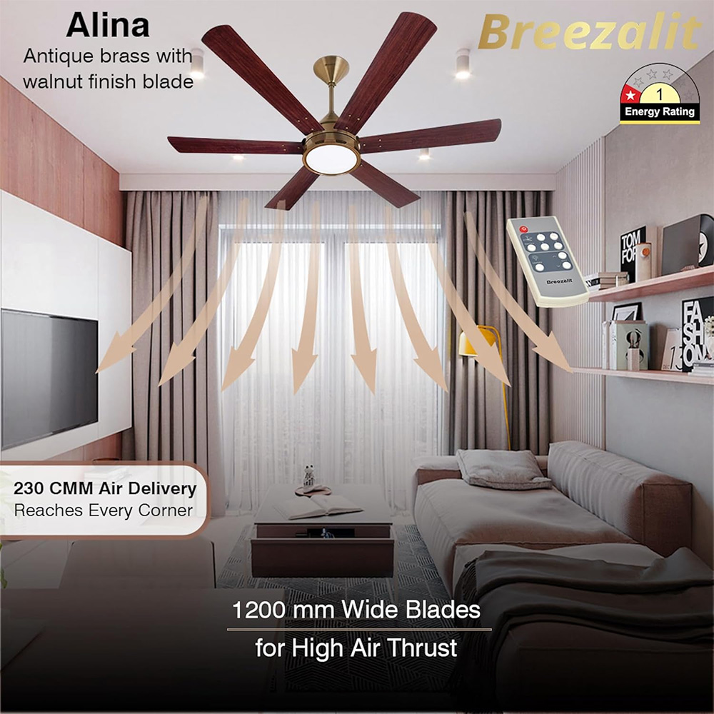 Breezalit Alina 6 Blades 48 Inch (Antique Brass with Walnut Finish) Energy Efficient Ceiling Fan