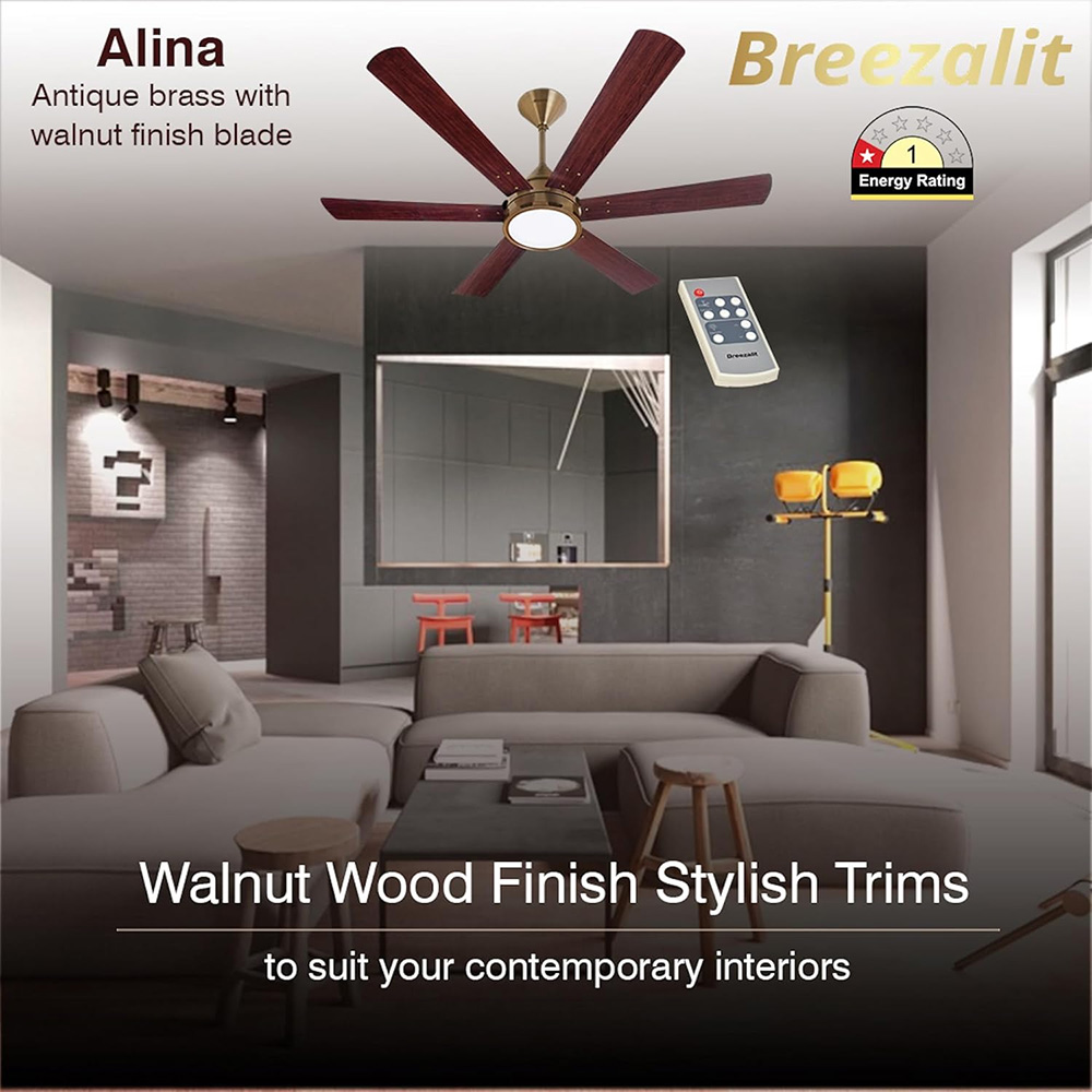 Breezalit Alina 6 Blades 48 Inch (Antique Brass with Walnut Finish) Energy Efficient Ceiling Fan