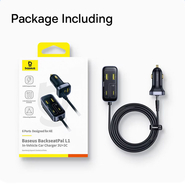 Baseus 110W Car Charger Backseat Pal L1 3USB 3Type-c With 1.5M Extension Cable