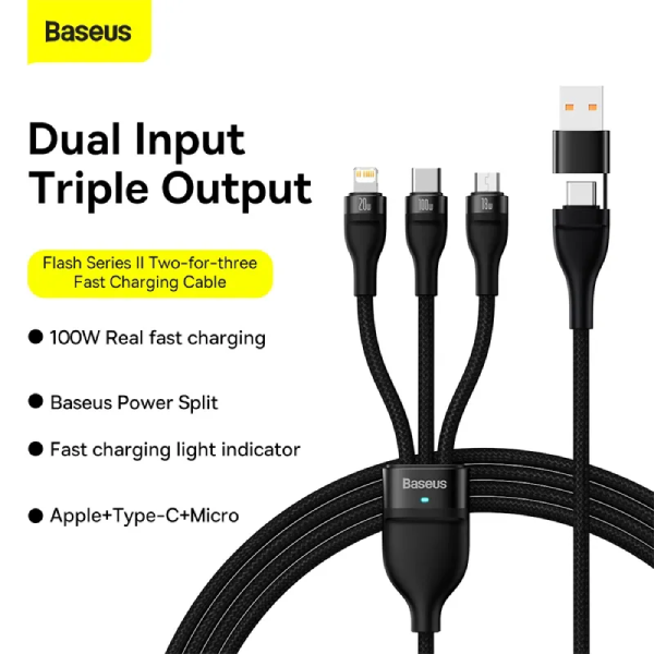 Baseus Cable CASS030001 Flash Series Ⅱ Two-for-three Fast Charging Data Cable USB to M L C 100W 1.2m Black
