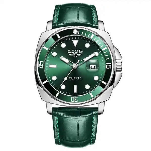 LIGE LG89155 Men's Watch - Silver green leather