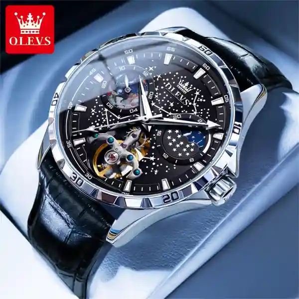 OLEVS 6689 Men's Watch - Leather Silver Black