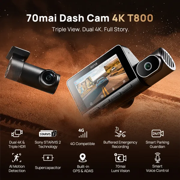 70mai 3 Channel Dash Camera T800 4K 4G Supported Front Cabin Rear View Voice Controlled Camera With 256GB Memory Card 1