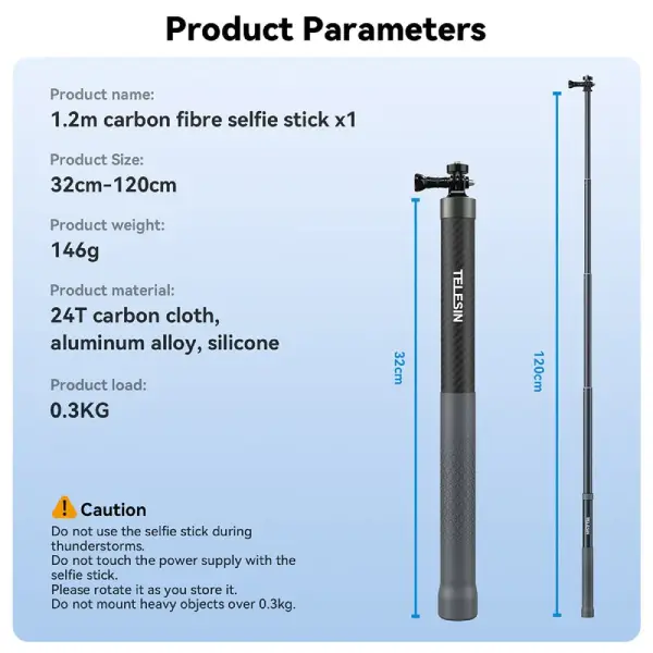 TELESIN GP-MNP-002 1.2m Adjustable Carbon Fiber Selfie Stick (5)