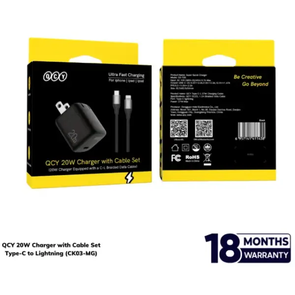 QCY CK03-MG 20W Charger with Cable Set Type-C to Lightning