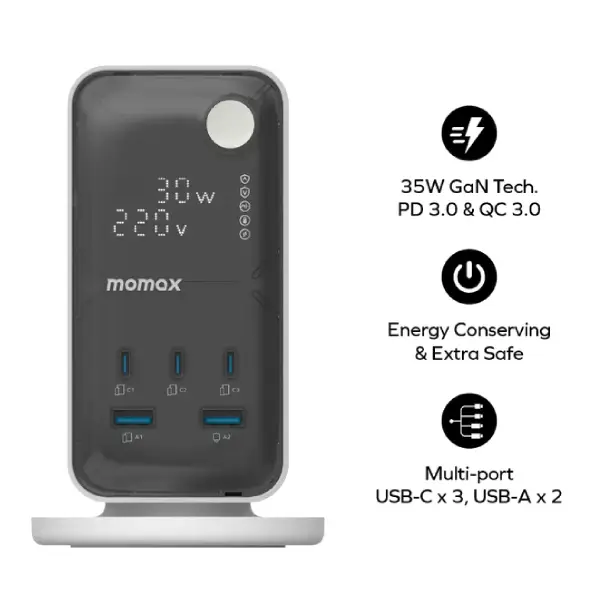 Momax US21UKW 1-Charge Work Flow 6-Outlet GaN Power Tower 35W with USB Ports - selected variant