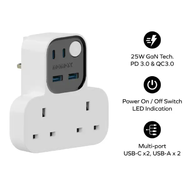 Momax US17UKW 1-Charge Work Flow T-shaped Extension 2 Socket with USB (1)