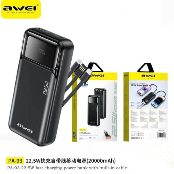 Awei PA 93 22.5W Fast Charging Power Bank with Built In Cable 20000mAh 1
