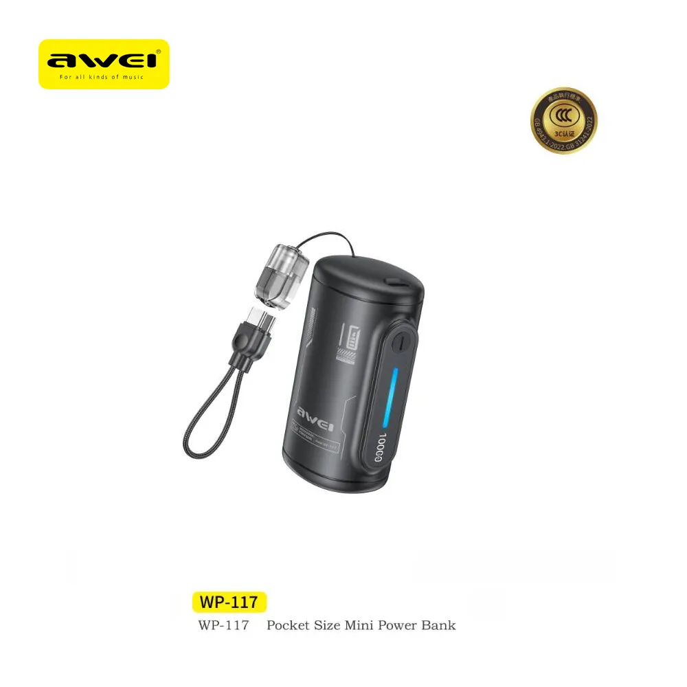 Awei WP 117 10000mAh Mini Powerbank 22.5W Fast Charging with Detachable Cable 1