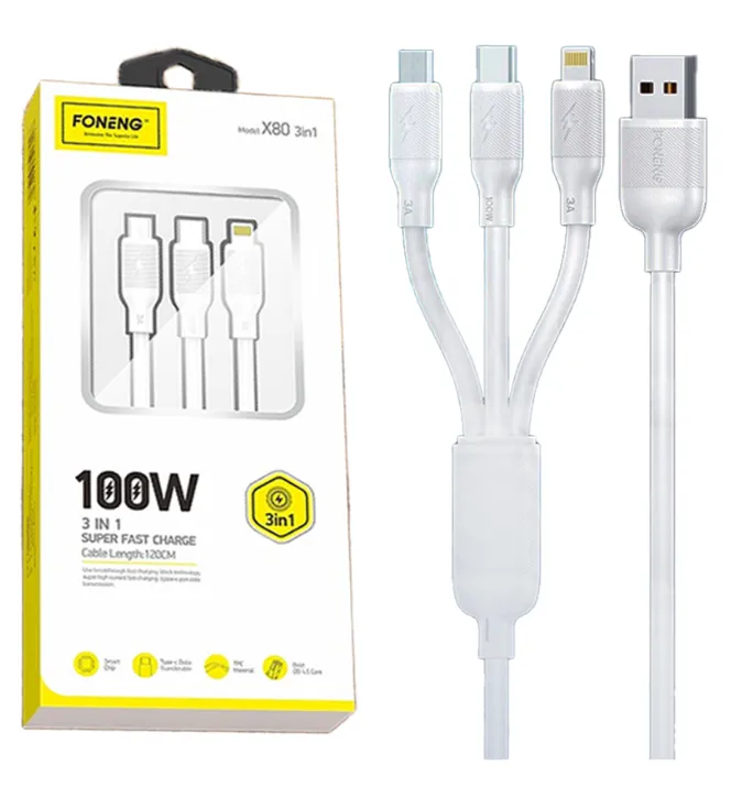 Foneng X80 1.2m 3 In 1 USB to USB C, Lightning, Micro USB Cable