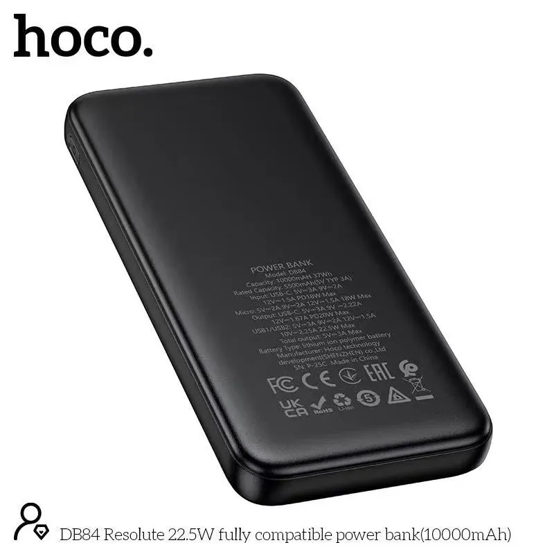 Hoco DB84 Resolute 22.5W 10000mAh Power Bank With USB A 22.5W And Type C 20W PD Fast Charge Output LED Digital Display 222.6g ABS PC Body 8