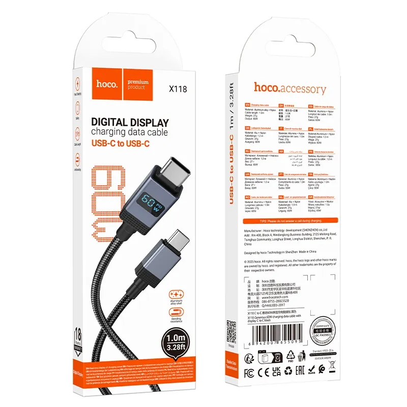 Hoco X118 Generous 60W Type C To Type C Cable With Real Time Power Display 7